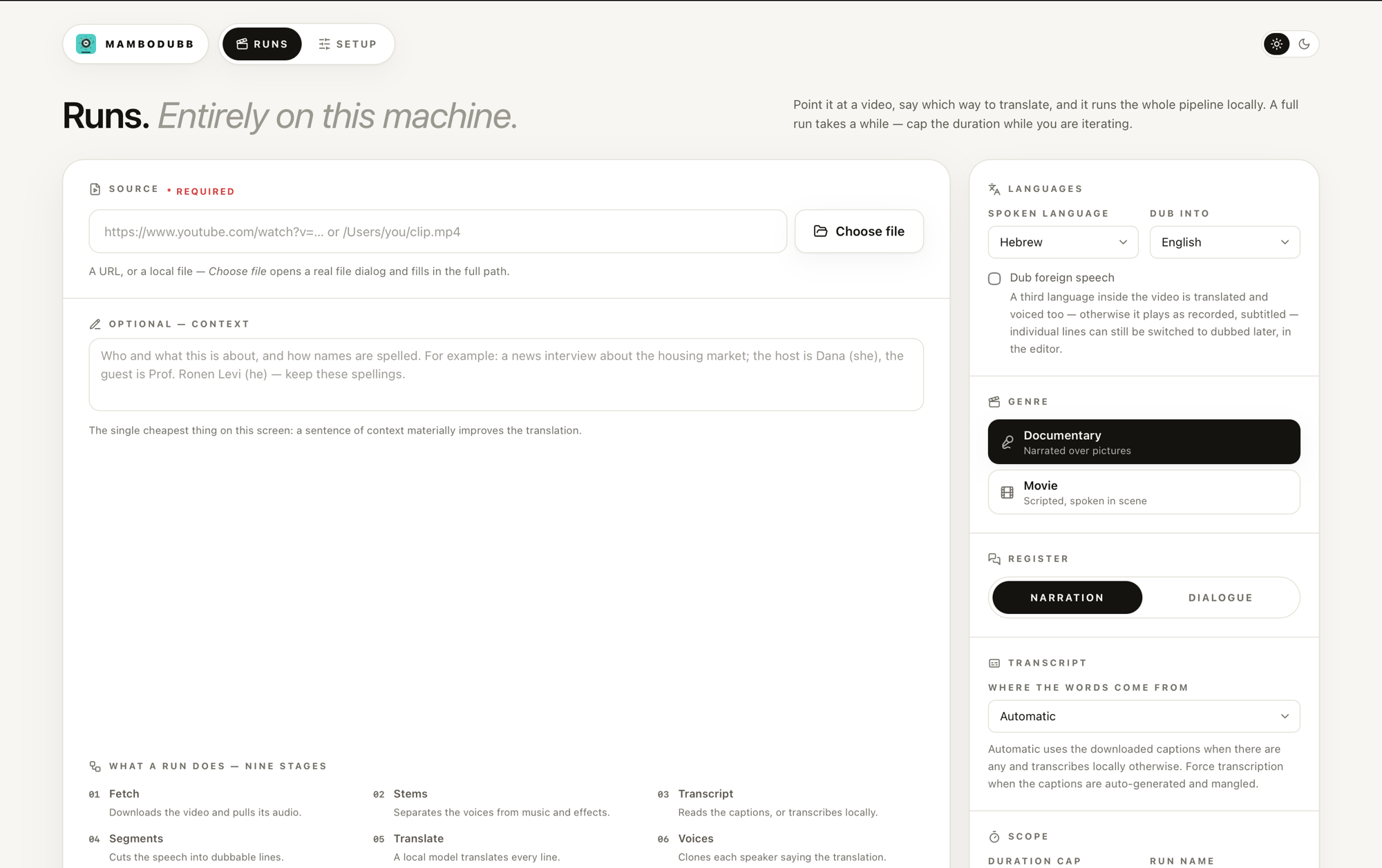 MamboDubb desktop app, Runs view with video source, language selection, genre and transcript settings